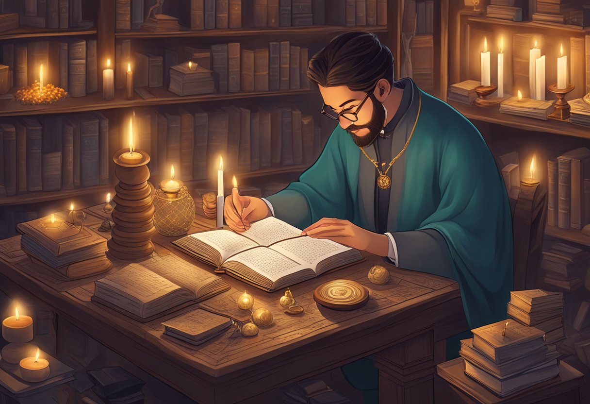 A dream interpreter studying symbols and meanings in a book, surrounded by candles and incense