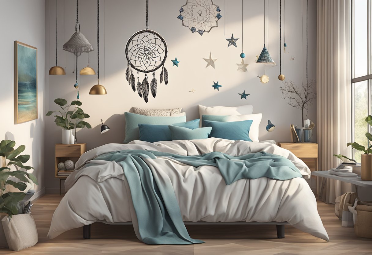 A dreamcatcher hanging above a bed, with various dream symbols floating around it