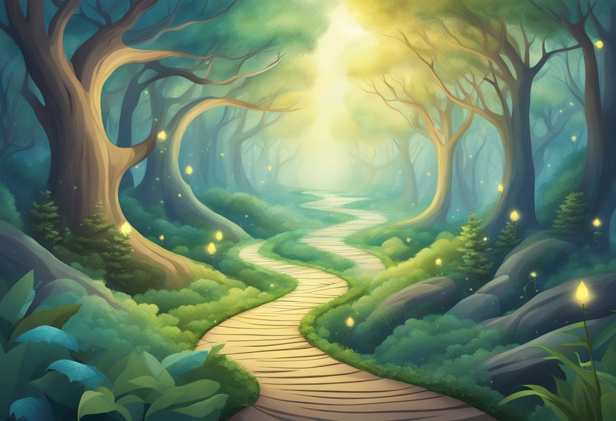 A winding path through a mystical forest, with dream symbols floating above, representing the development of personality through dreams