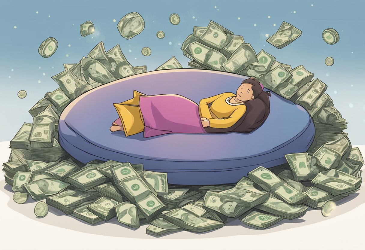 A pile of money symbols floating above a sleeping figure, with a dream bubble containing more symbols
