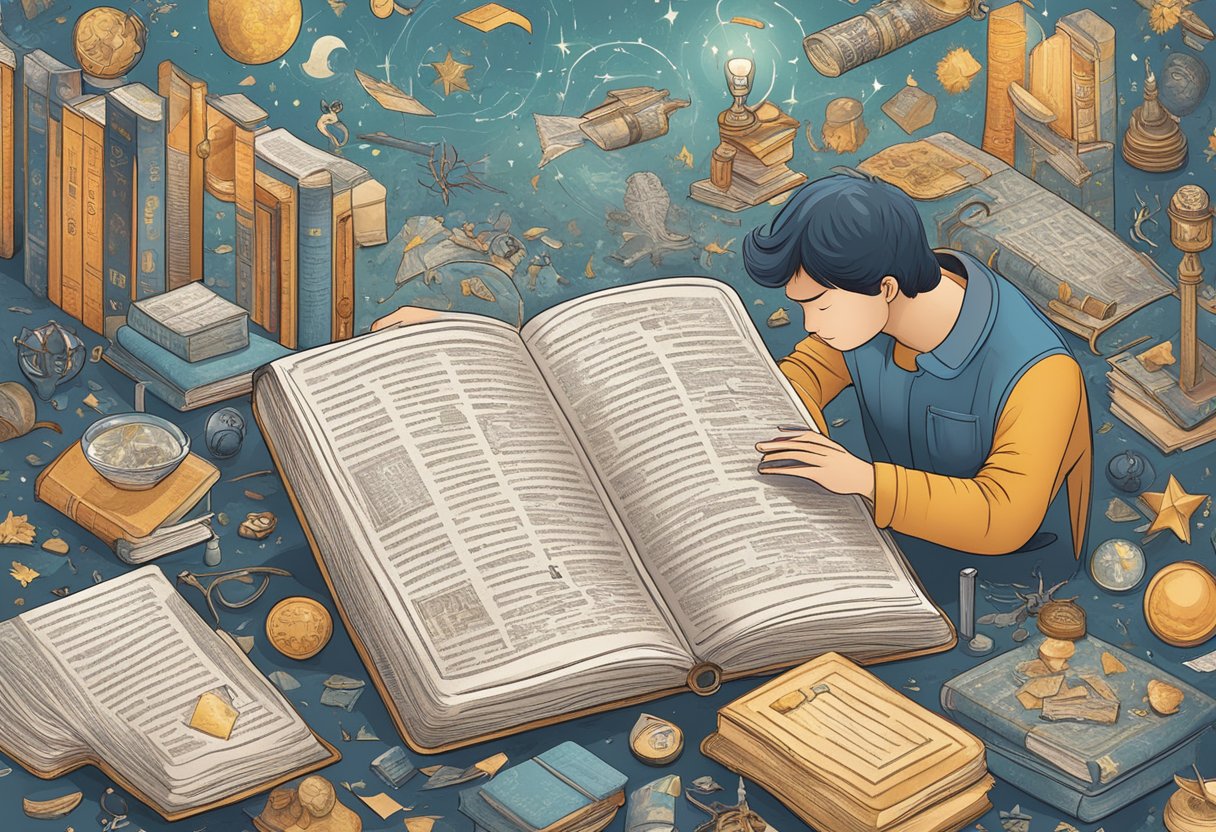 A person searching through a dream dictionary, surrounded by various symbols and images