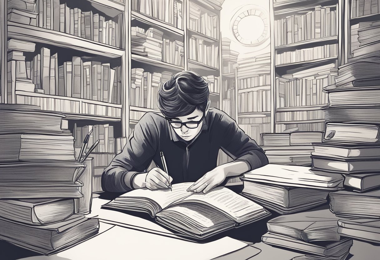 A person writing in a dream journal, surrounded by open books and a pen, pondering the meaning of their dreams