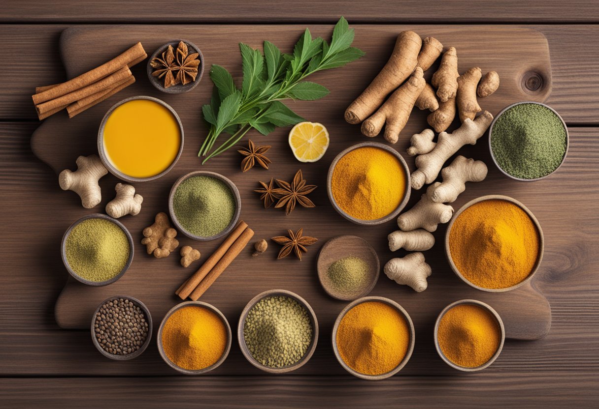 A colorful array of anti-inflammatory herbs - turmeric, ginger, and cinnamon - displayed on a rustic wooden table with informative labels