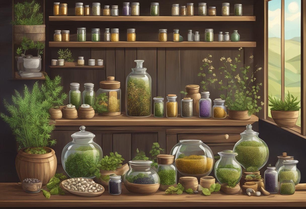 A variety of anti-inflammatory herbs displayed with different forms of consumption, such as teas, tinctures, and capsules, in a rustic apothecary setting