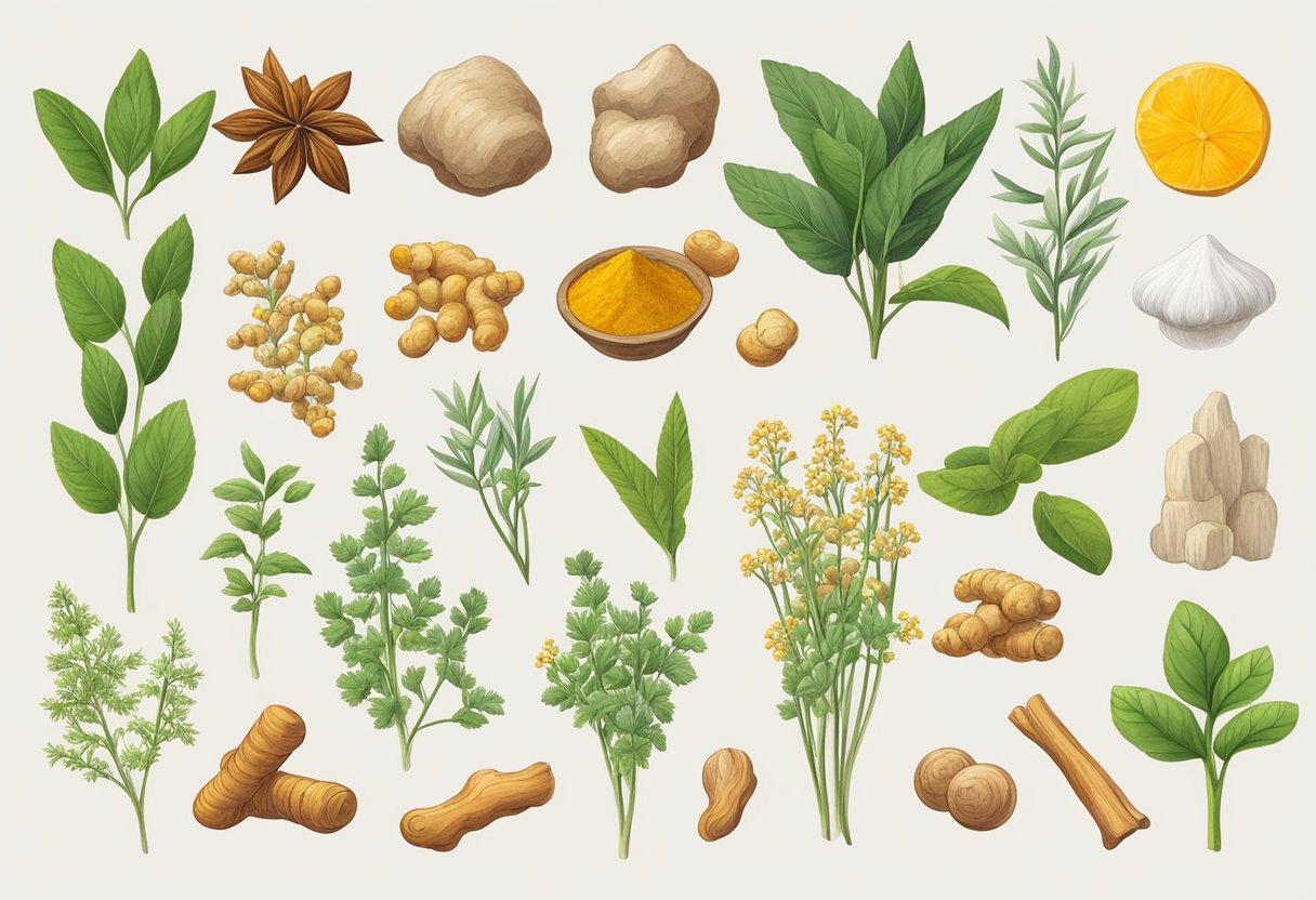 A variety of herbs known for their anti-inflammatory properties, such as turmeric, ginger, and boswellia, are carefully arranged on a clean, white surface