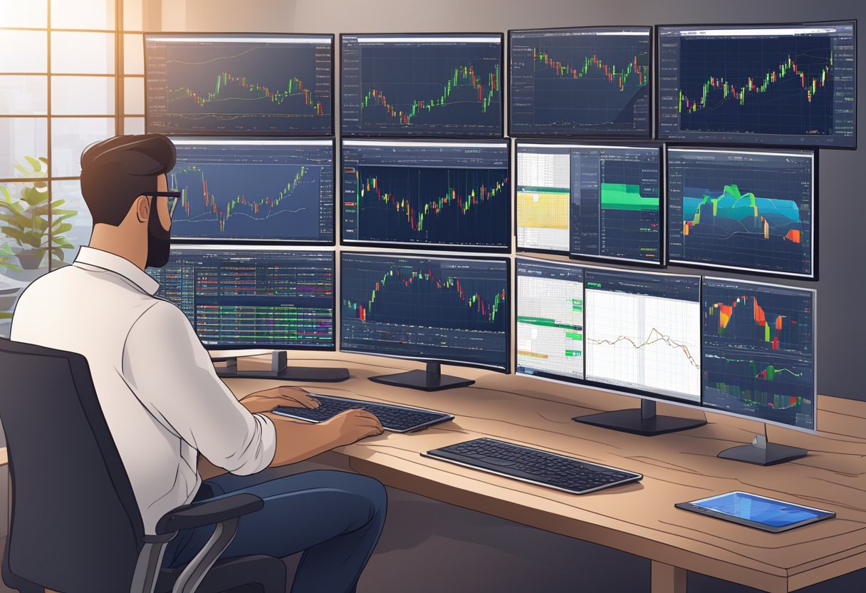 Traders using MetaTrader 4 on multiple screens, analyzing charts and placing trades with focus and determination