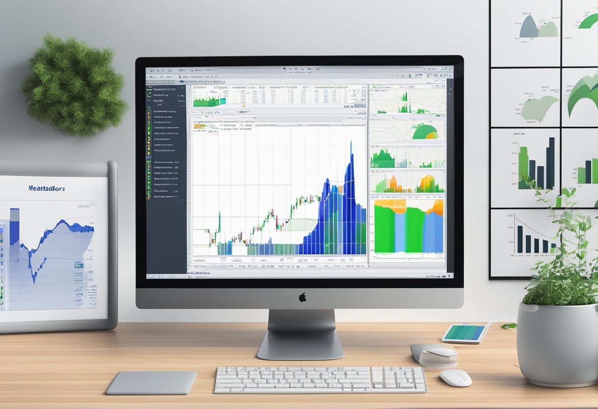 A computer screen displaying the MetaTrader 4 platform, surrounded by charts, graphs, and trading indicators. A broker logo is visible in the corner