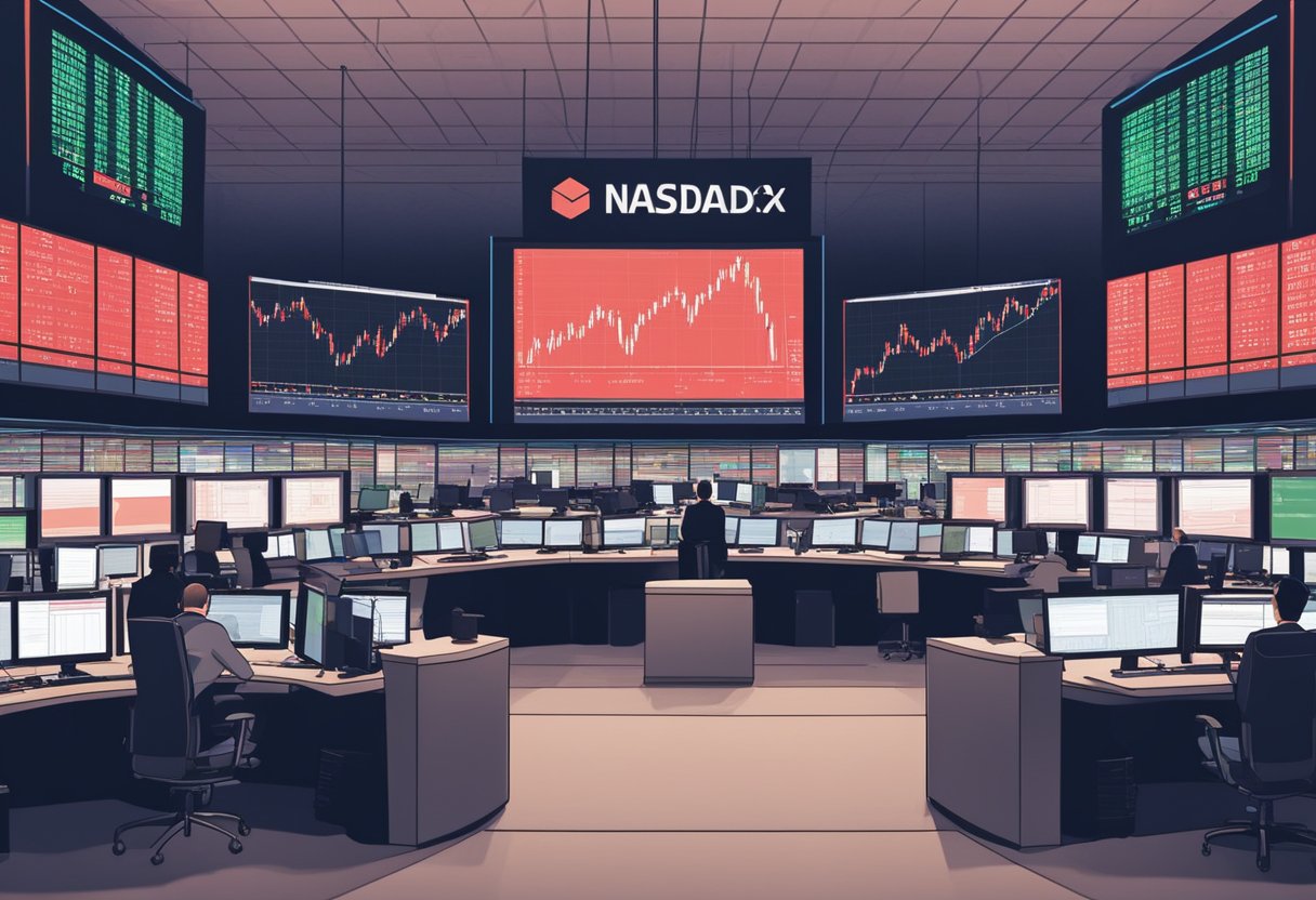 S&P 500, Nasdaq down. Traders on floor, screens flashing red. Market overview 2024