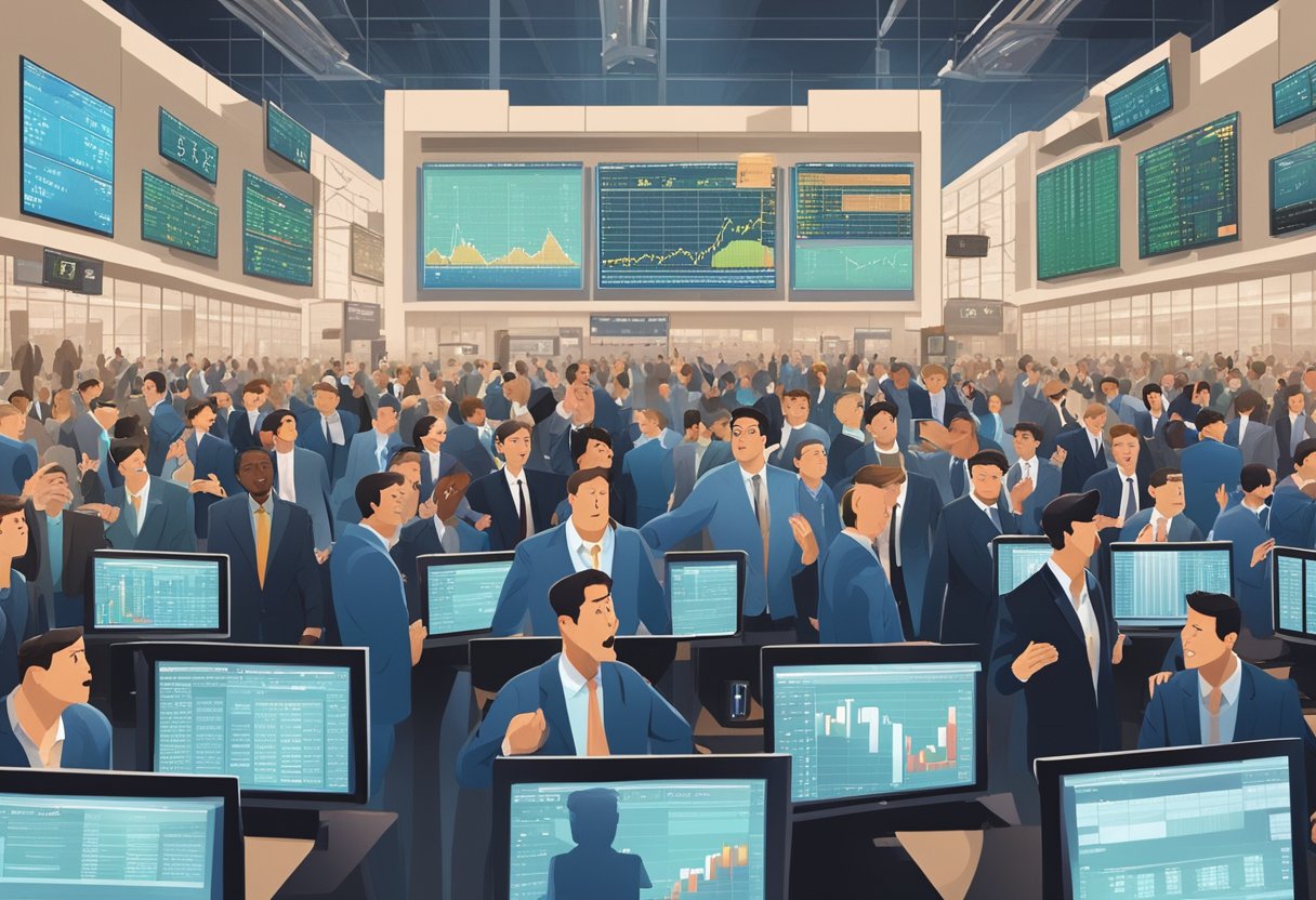 A bustling stock exchange floor with traders gesturing and shouting orders, screens displaying stock prices, and a sense of urgency in the air