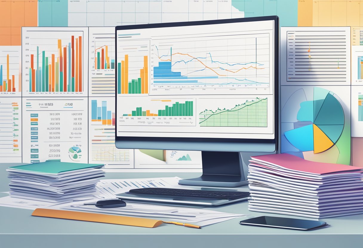 A stack of financial documents surrounded by graphs and charts, with a computer screen displaying stock market data in the background