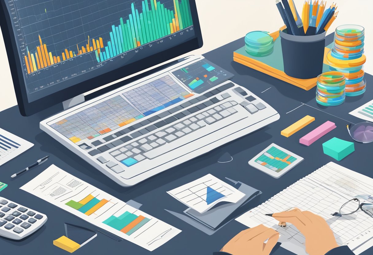 A desk cluttered with financial reports, charts, and a calculator. A computer screen displays stock market data. A person's hand holds a pen, ready to take notes