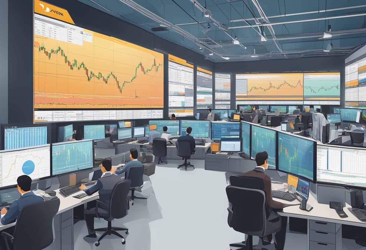 A bustling trading floor with digital screens showing live forex rates, traders analyzing charts, and the Avatrade logo prominently displayed