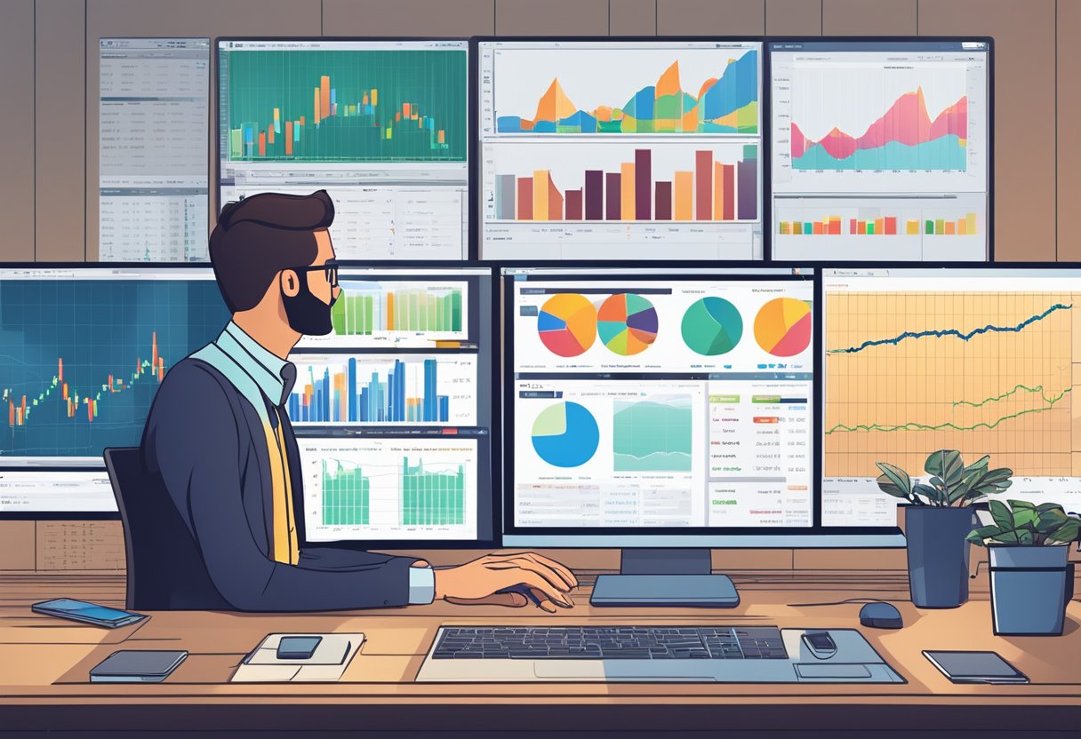 An office desk with a computer, charts, and financial data displayed on the screen. A person's hand is clicking on the AvaTrade platform, showing the forex market