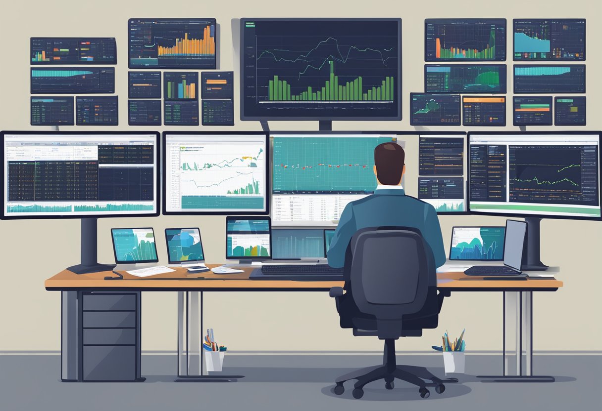 A busy trading desk with multiple computer screens displaying live market data, charts, and financial news. Various tools and resources such as trading software, economic calendars, and research reports are scattered across the desk