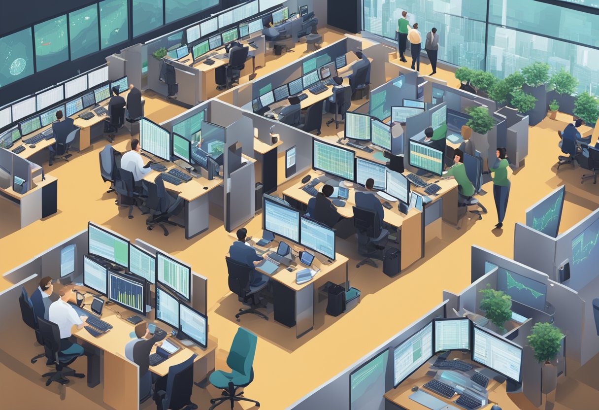 A bustling trading floor at VTMarkets, with traders analyzing charts, making deals, and communicating through headsets. Multiple computer screens display real-time market data