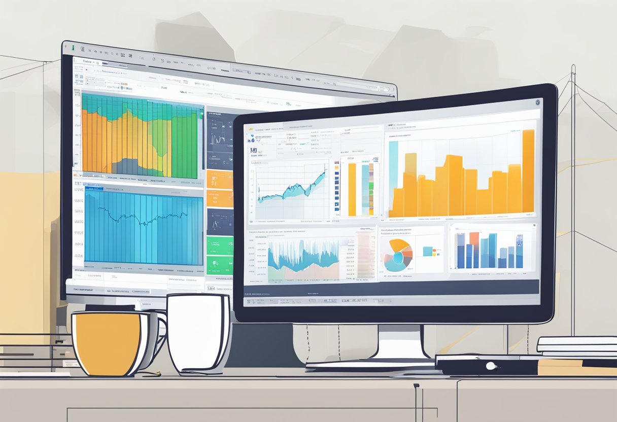A computer screen displaying the VT Markets platform with charts, graphs, and trading tools. A cup of coffee and notebook sit nearby