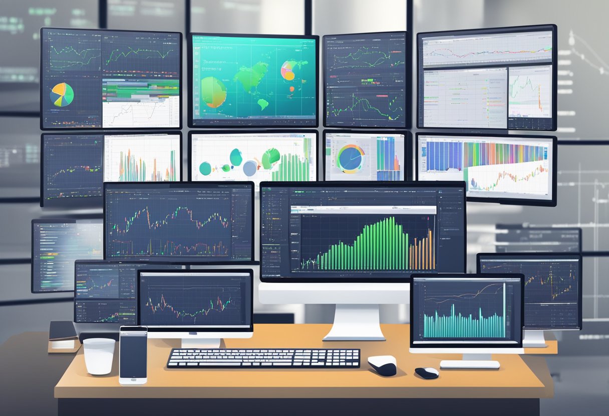 Multiple computer screens display trading charts and tools. A variety of platforms and software are visible, with charts, graphs, and analysis tools