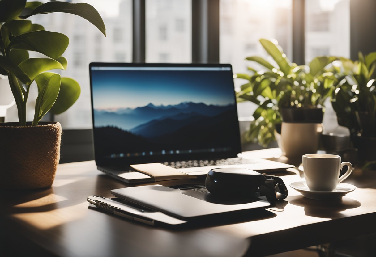 A cozy home office with a laptop, desk, and comfortable chair. Soft lighting and a plant add a relaxed atmosphere