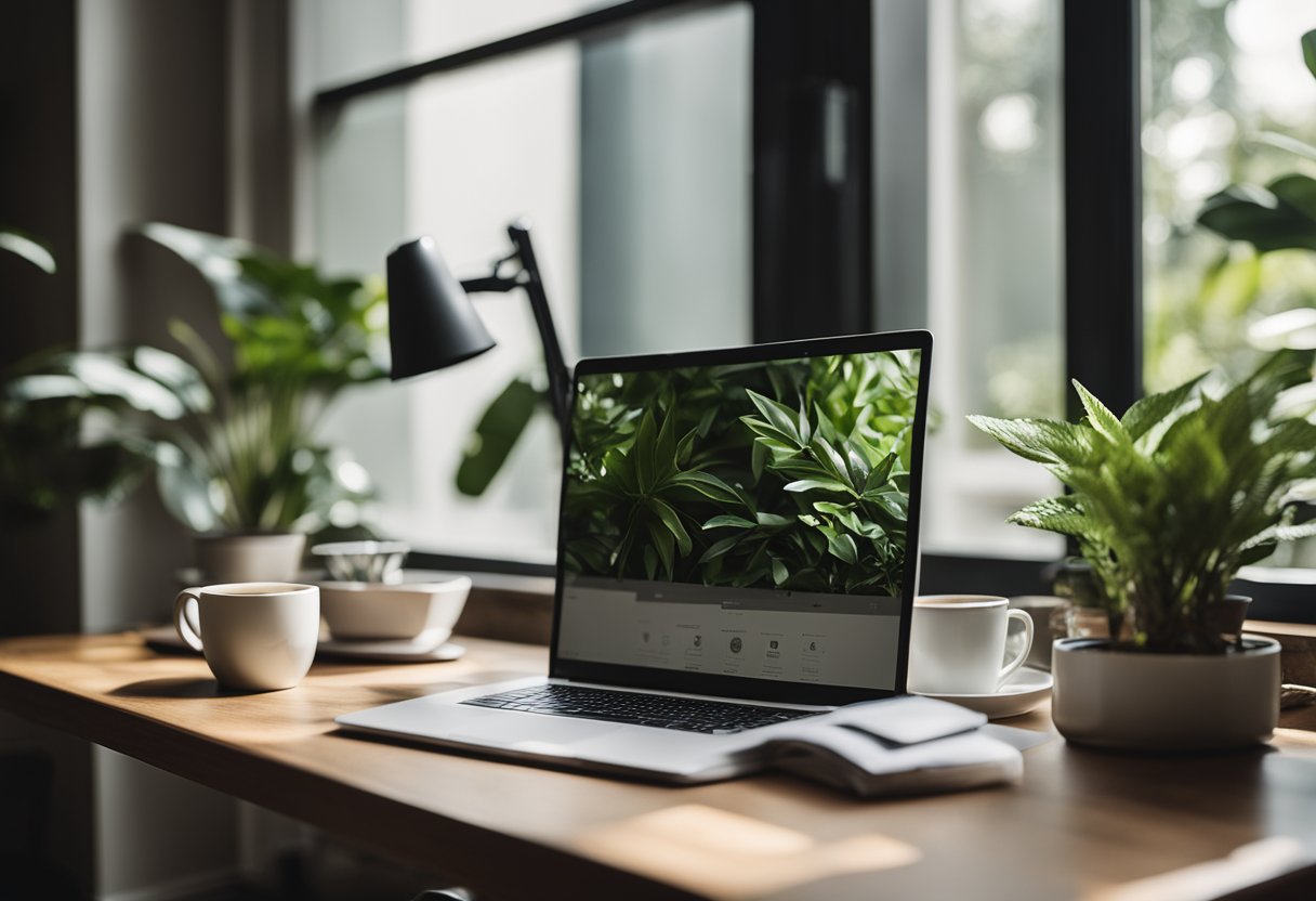 A cozy home office with a laptop, desk, chair, and a cup of coffee. A window lets in natural light, and a plant adds a touch of greenery