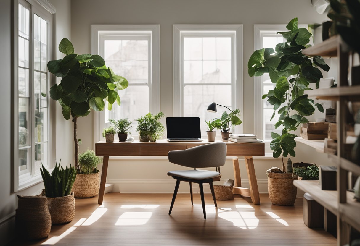 A cozy home office with a laptop, desk, and comfortable chair. A window with natural light and a plant on the desk. Simple and inviting