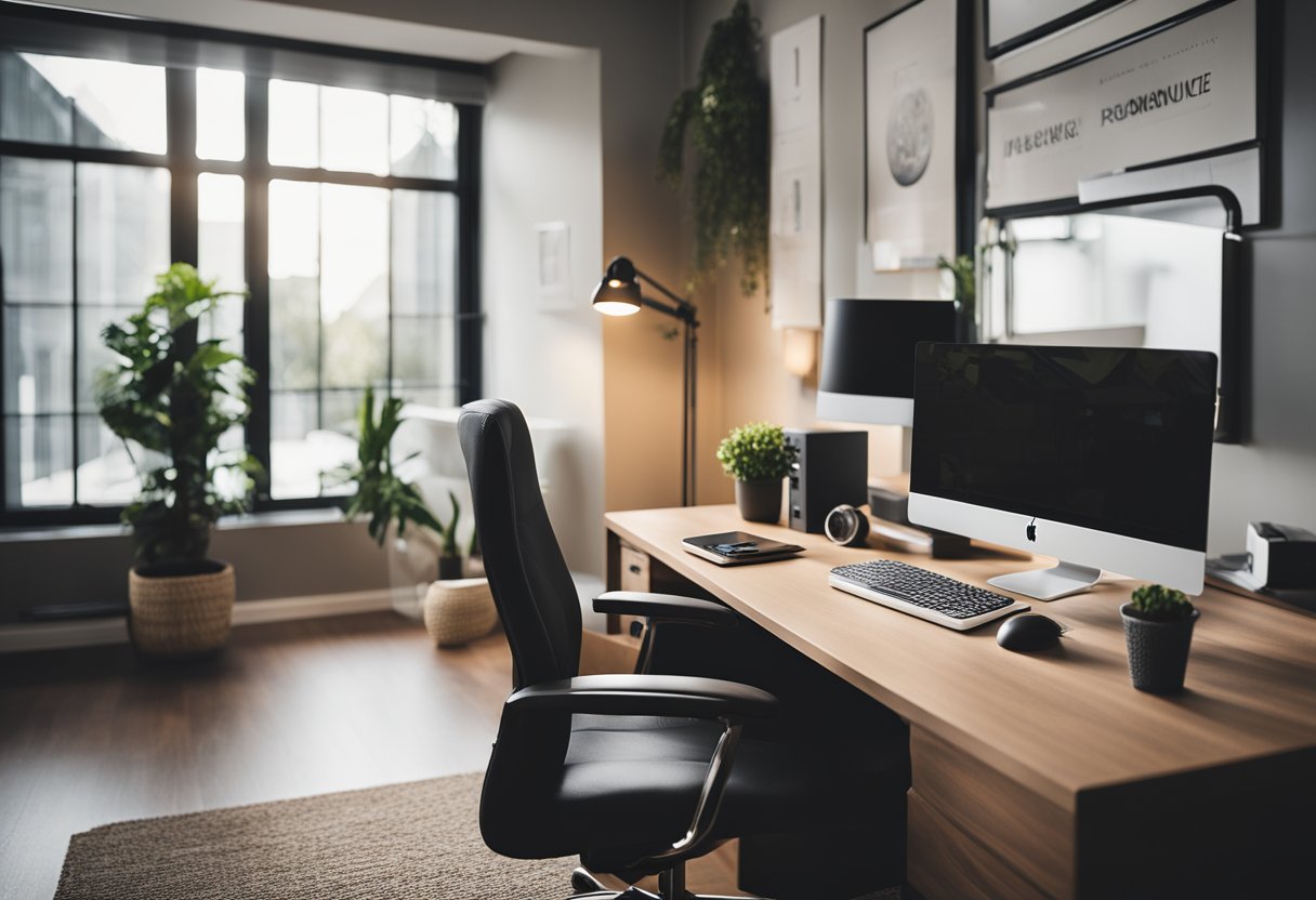 A cozy home office with a computer, desk, and comfortable chair. The room is well-lit and organized, creating a peaceful and productive work environment