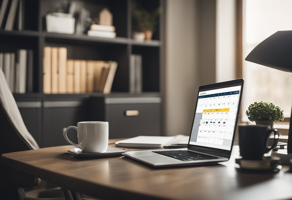 A cozy home office with a laptop, comfortable chair, and a cup of coffee. A calendar on the wall shows flexible work hours