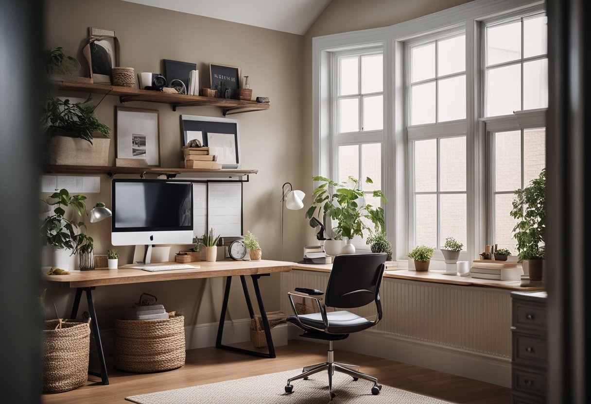 A cozy home office with a laptop, desk, and comfortable chair. A calendar and to-do list on the wall. Natural light streaming in from a window