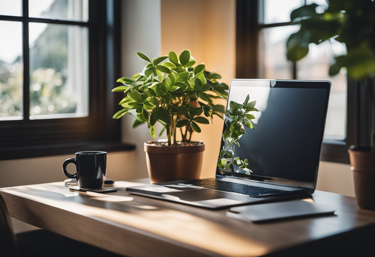 A cozy home office with a laptop, desk, chair, and plant. Light streams in through a window, creating a warm and inviting atmosphere