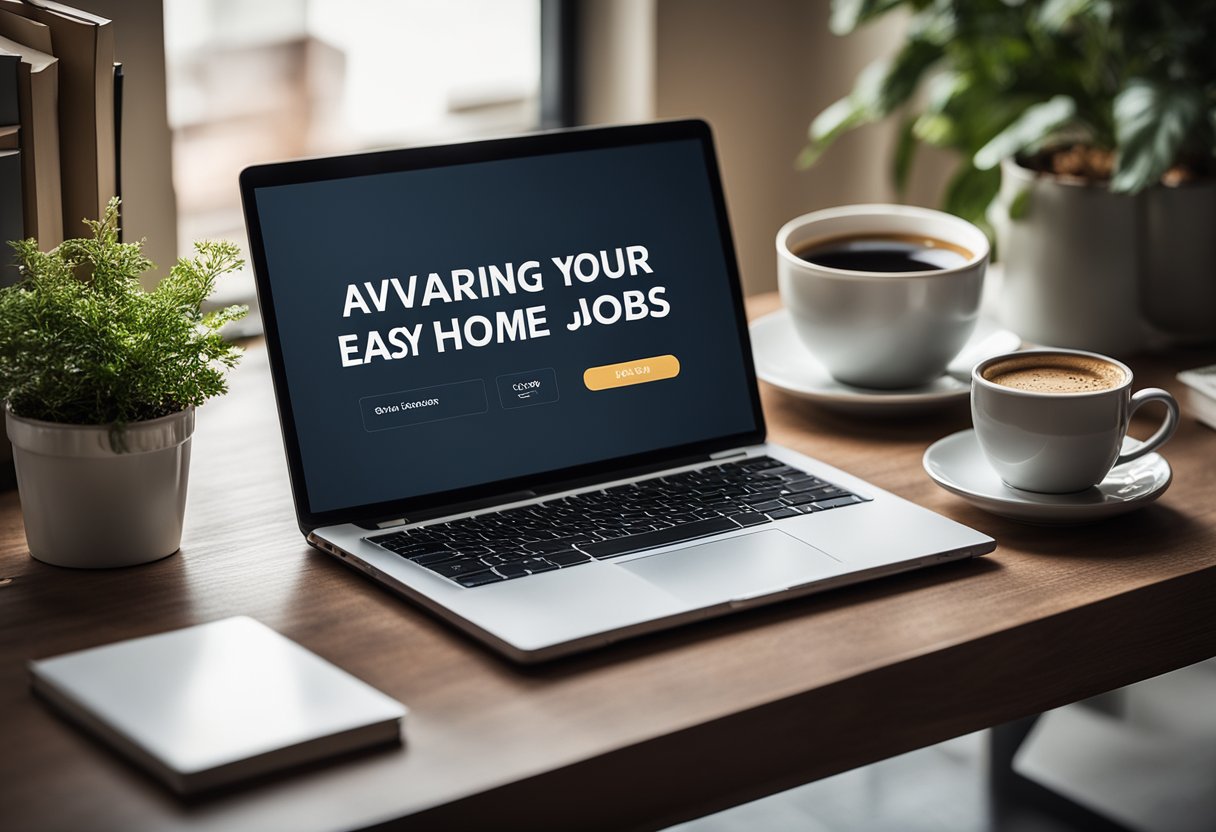 A laptop on a desk with a cozy home office setup, surrounded by books, a plant, and a cup of coffee. The screen shows "Advancing Your Career easy work from home jobs" on a job search website