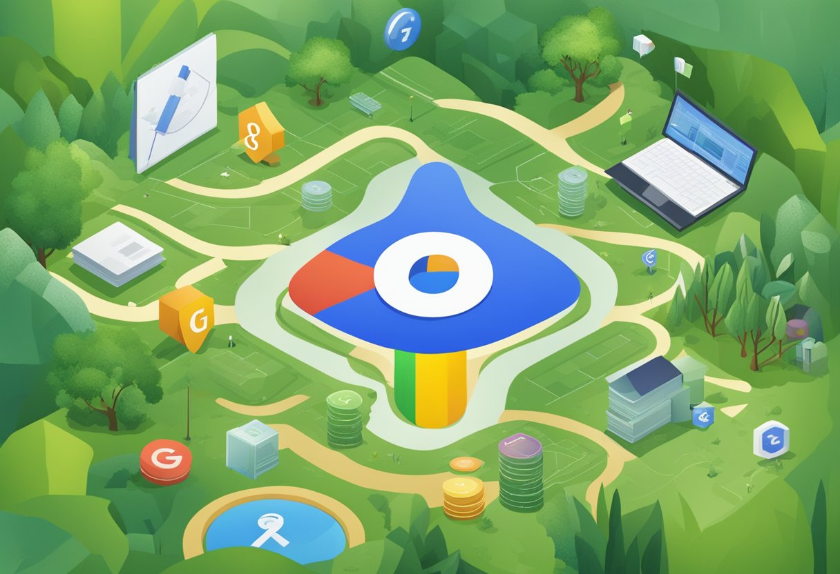 Google's Investment Landscape: A lush green field with a prominent Google logo at the center, surrounded by various financial symbols and graphs
