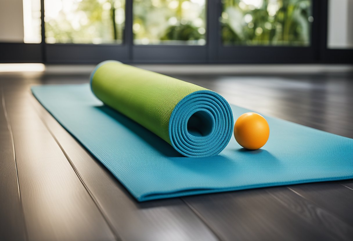 A yoga mat laid out on the floor with a water bottle and towel nearby. Resistance bands and a stability ball are placed next to the mat