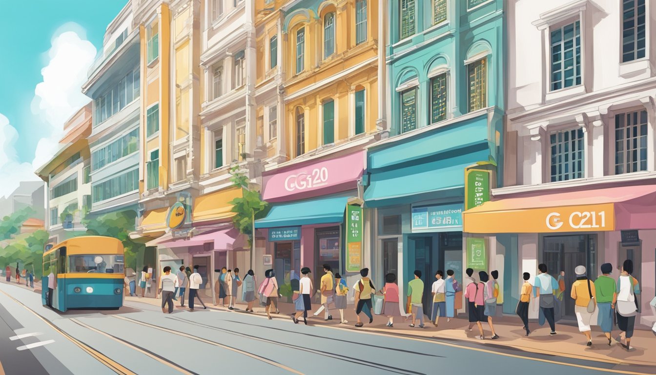 A bustling street in Singapore with colorful storefronts and a prominent sign reading "CG210 available here." Pedestrians and shoppers fill the sidewalk
