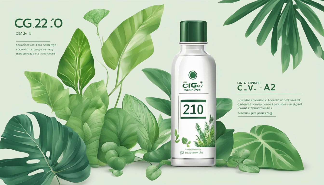 A bottle of CG210 surrounded by lush green plants, with a label showcasing its benefits and usage. Available for purchase in Singapore