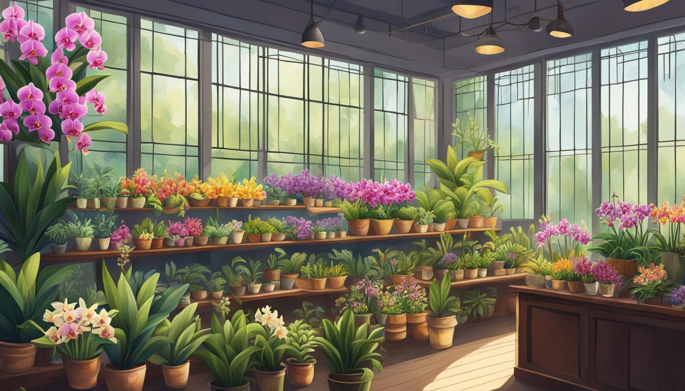 A colorful array of orchid plants fills the shelves of a botanical shop in Singapore, with vibrant blooms and lush green leaves catching the sunlight streaming in through the windows