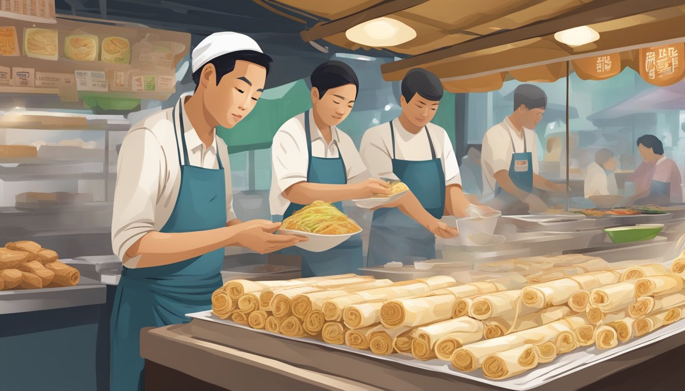 A bustling market stall sells fresh popiah skin in Singapore. The vendor expertly prepares the thin, translucent wrappers, enticing customers with the savory aroma