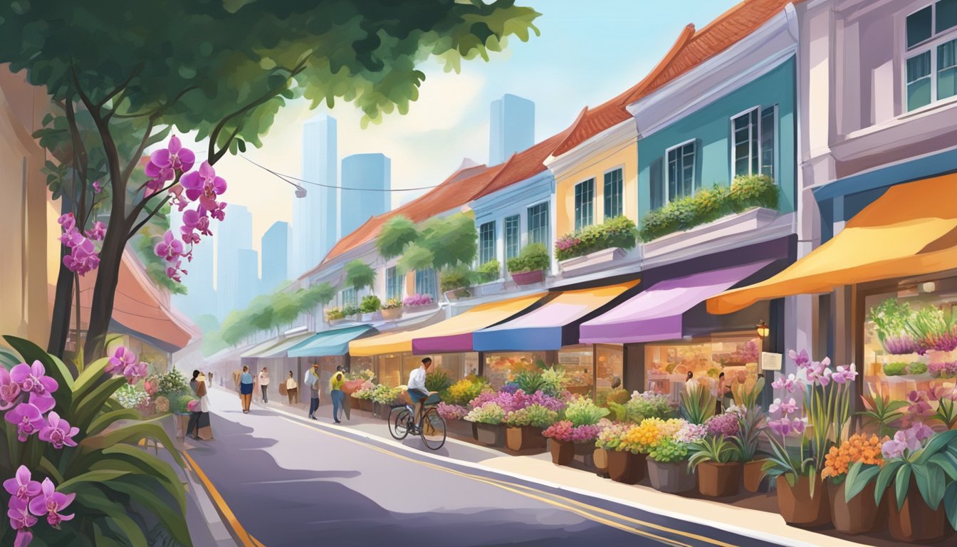 A bustling Singapore street lined with vibrant orchid shops, showcasing a variety of colorful and exotic orchid plants in full bloom