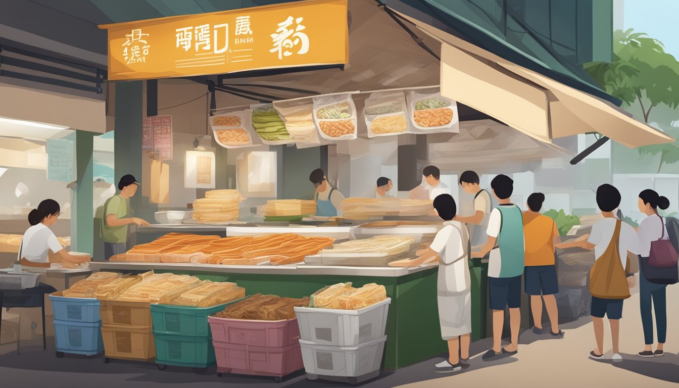 A bustling Singapore market stall sells the best popiah skins, with vendors expertly crafting and packaging the delicate, thin sheets for eager customers