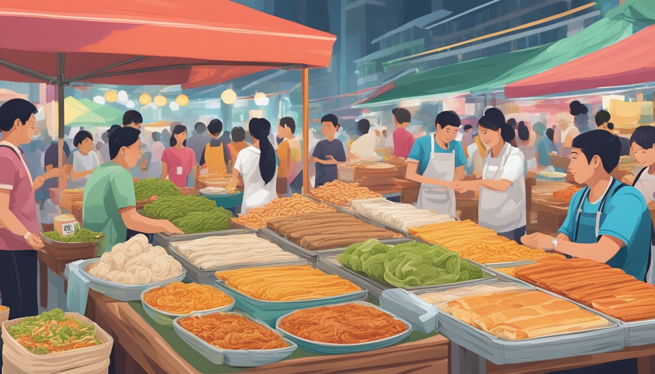 Vibrant market stall with stacks of fresh popiah skin, colorful fillings, and condiments, surrounded by eager customers in Singapore