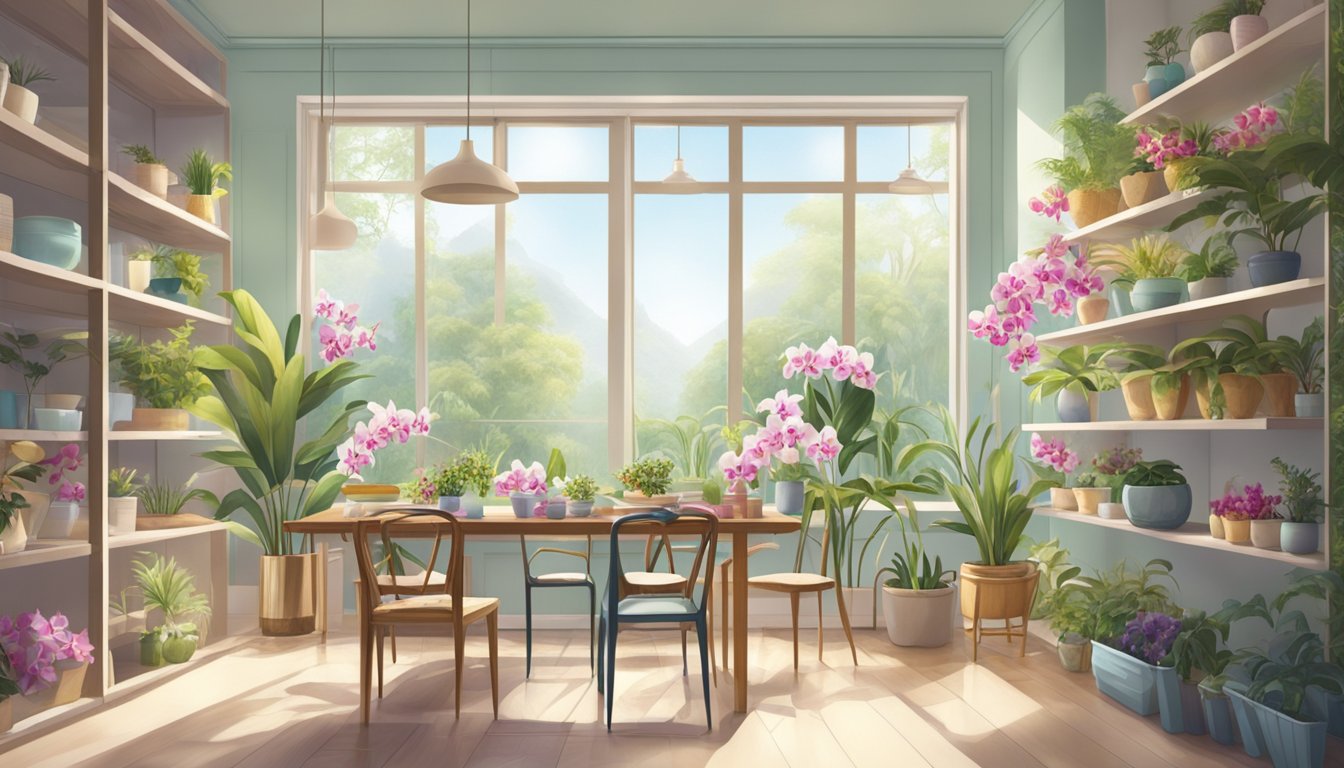 A bright, airy room with large windows and a variety of colorful orchids displayed on shelves and tables. The room is filled with natural light, creating a peaceful and inviting atmosphere