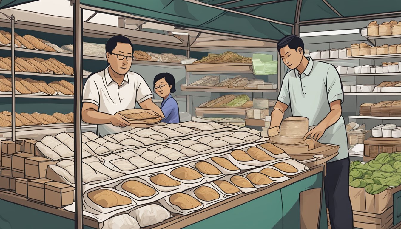 A bustling Singaporean market stall displays stacks of fresh popiah skin, with a vendor eagerly assisting customers