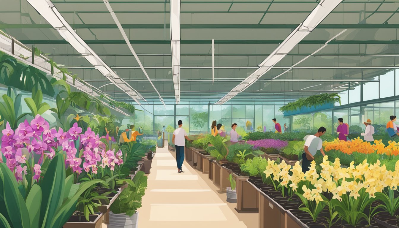 A bustling plant nursery with rows of vibrant orchid plants, customers browsing, and a sign displaying "Frequently Asked Questions: Where to buy orchid plants in Singapore."