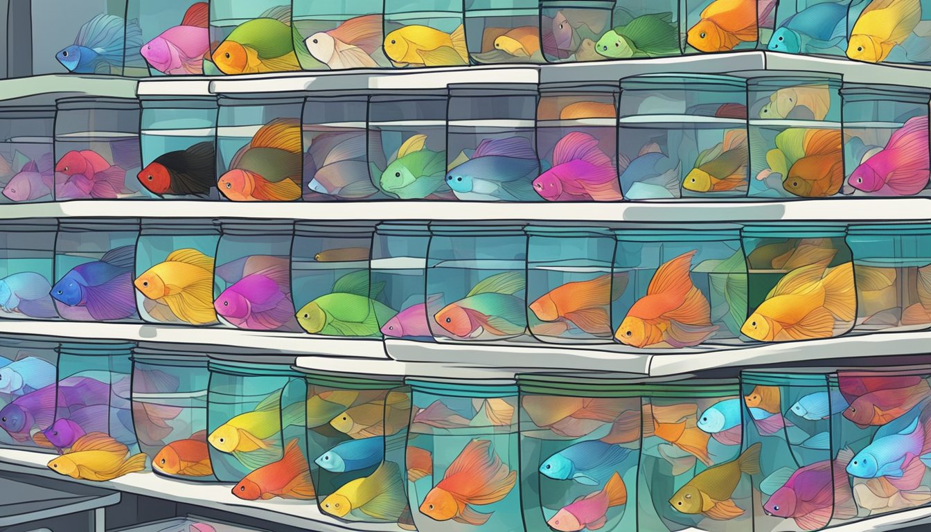 A crowded market stall displays rows of colorful betta fish in small tanks, with prices marked as "cheap" in Singapore
