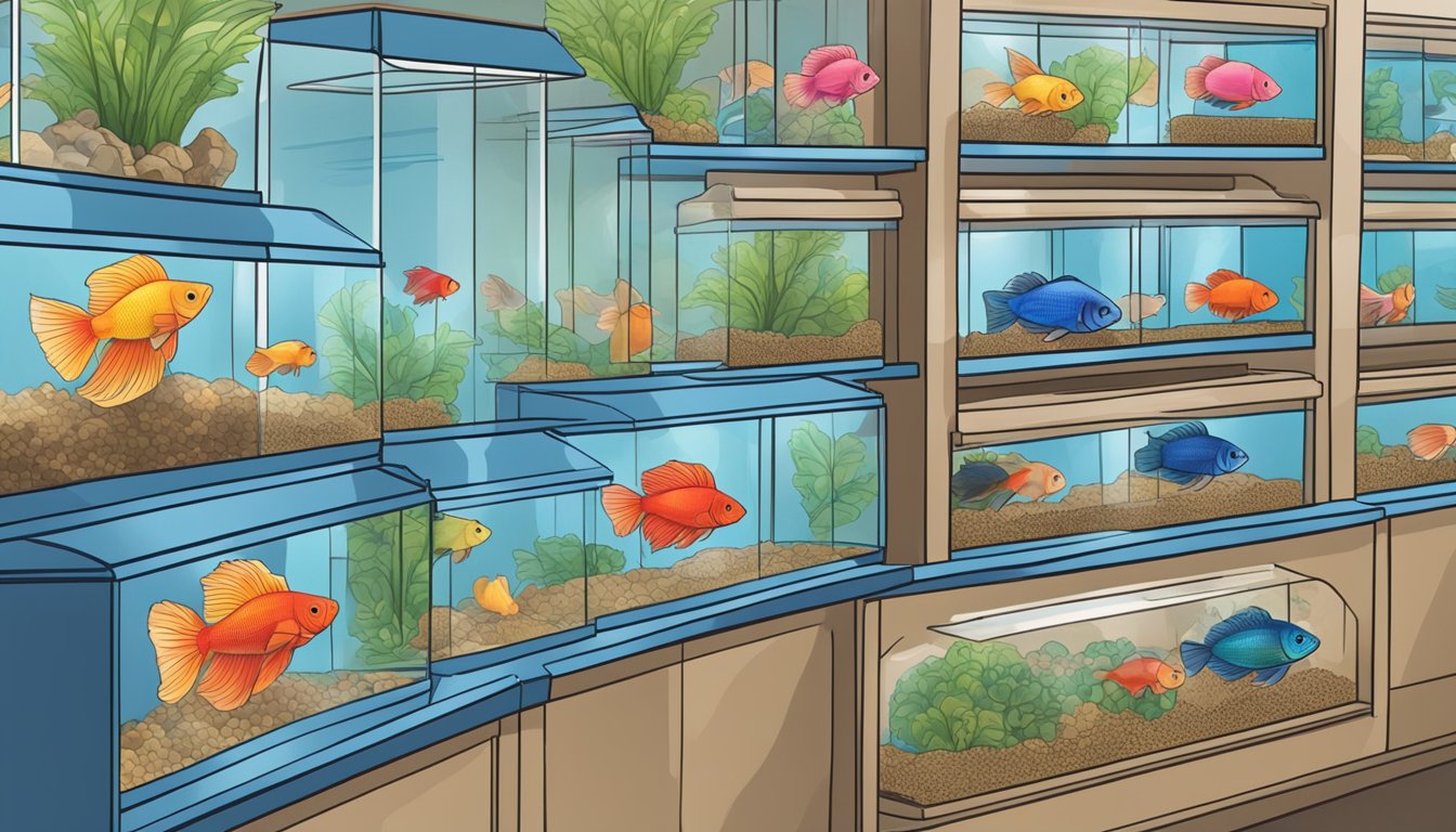 A pet store display showcases a variety of vibrant betta fish in small tanks. Prices are clearly labeled, and customers browse the selection, comparing colors and patterns