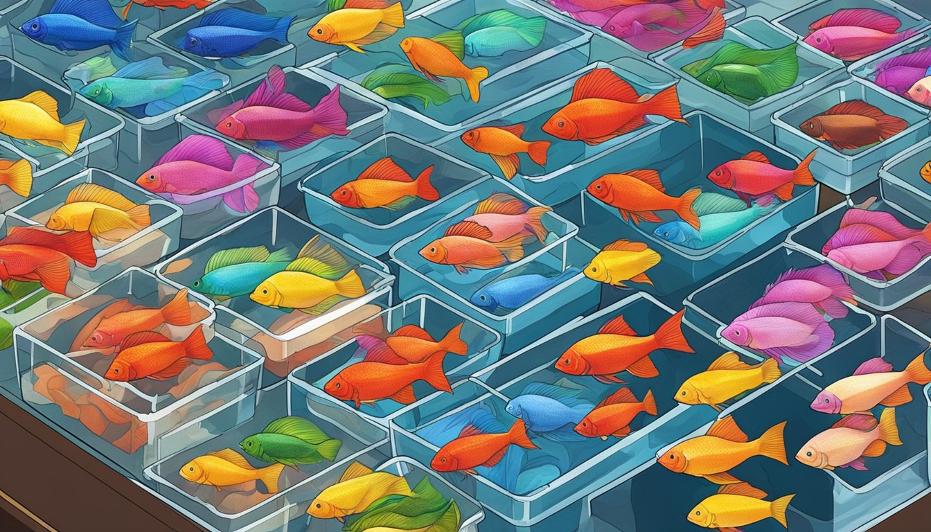 A colorful array of betta fish swim in individual tanks at a bustling market in Singapore. Vendors display vibrant and healthy fish, while customers browse for the perfect addition to their home aquarium