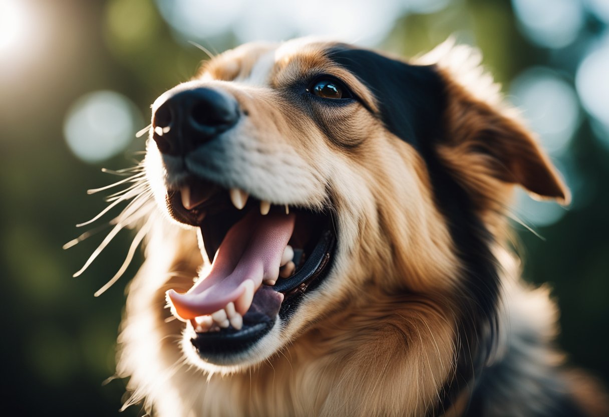 A dog with its mouth open, showing its teeth