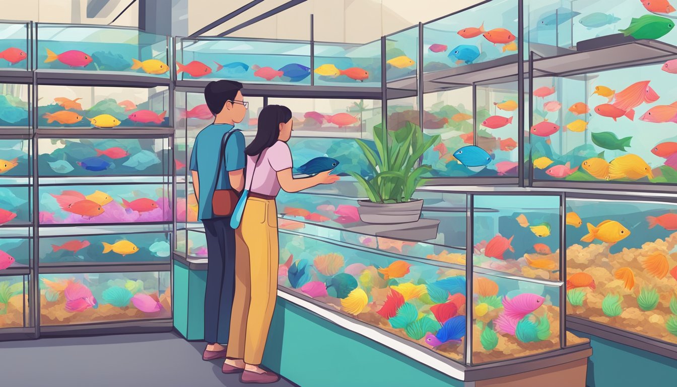 A crowded pet store with colorful betta fish tanks and price tags. Customers browsing and asking staff about cheap betta fish in Singapore