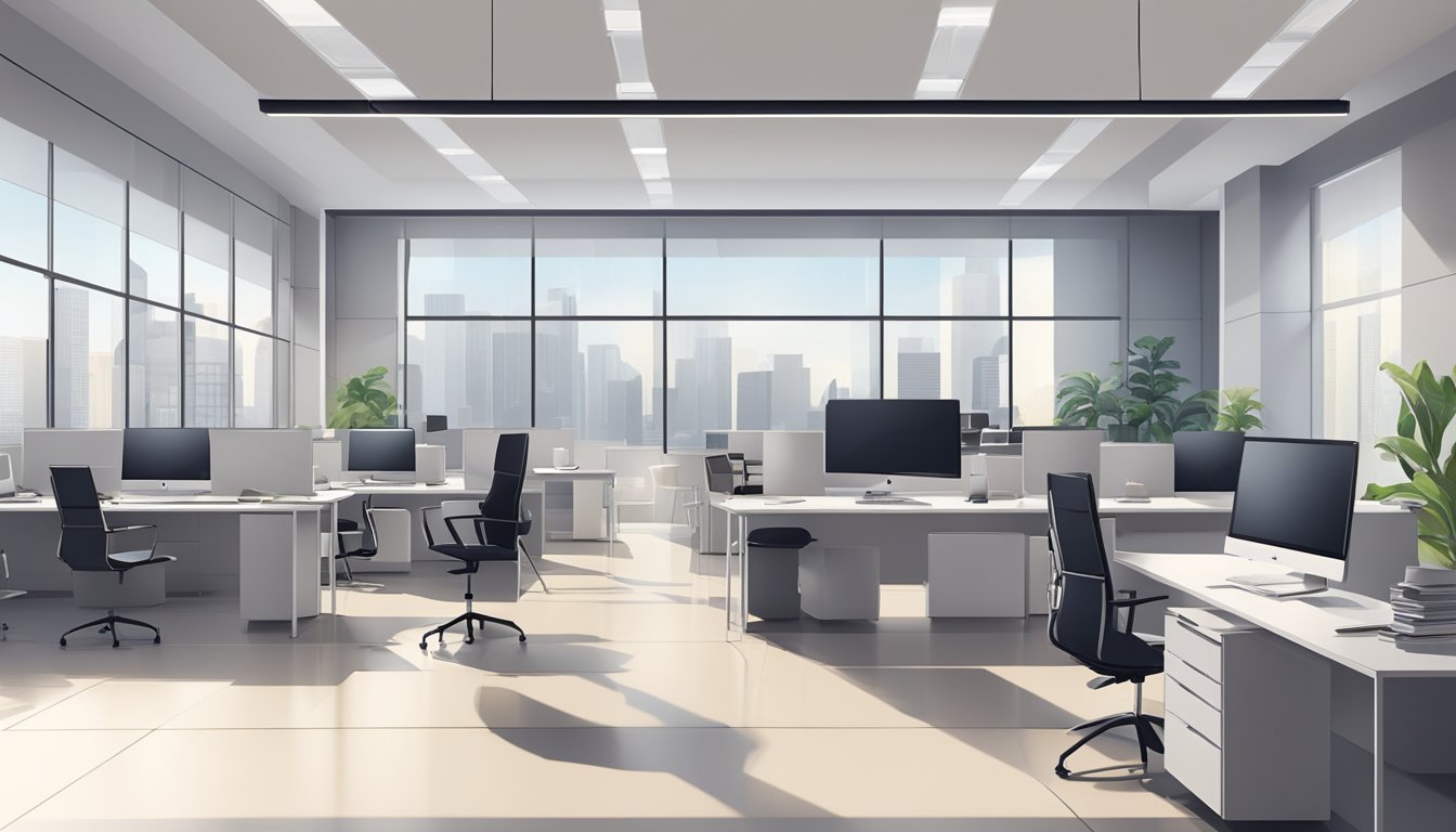A sleek, modern office setting with a rack of stylish work dresses displayed prominently. Bright lighting and a clean, minimalist aesthetic create a professional atmosphere