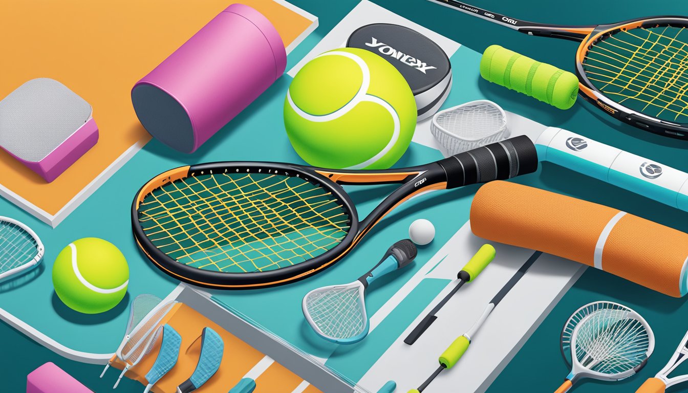 A hand reaches for a sleek Yonex tennis racket online, surrounded by various tennis accessories and gear