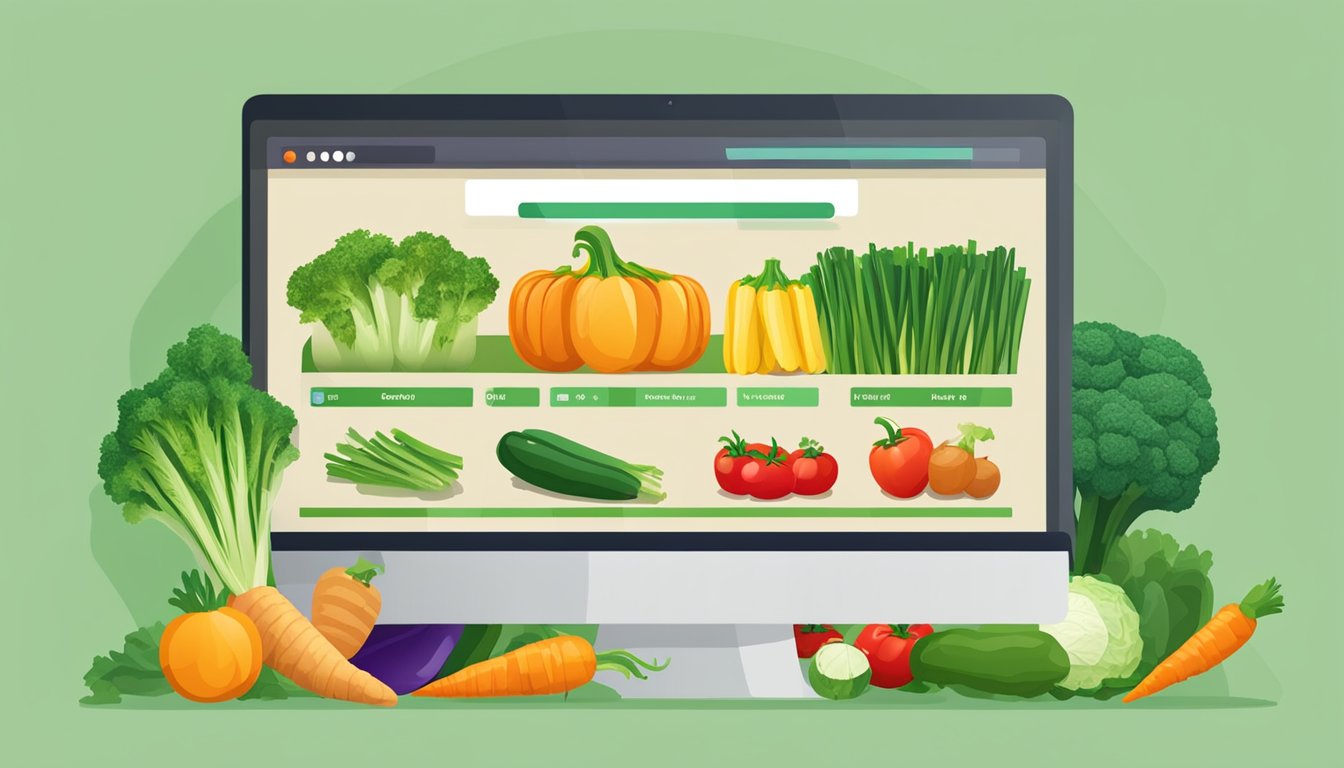 A computer screen displaying a variety of fresh vegetables on an online wholesale website, with a cart icon and a "buy now" button highlighted