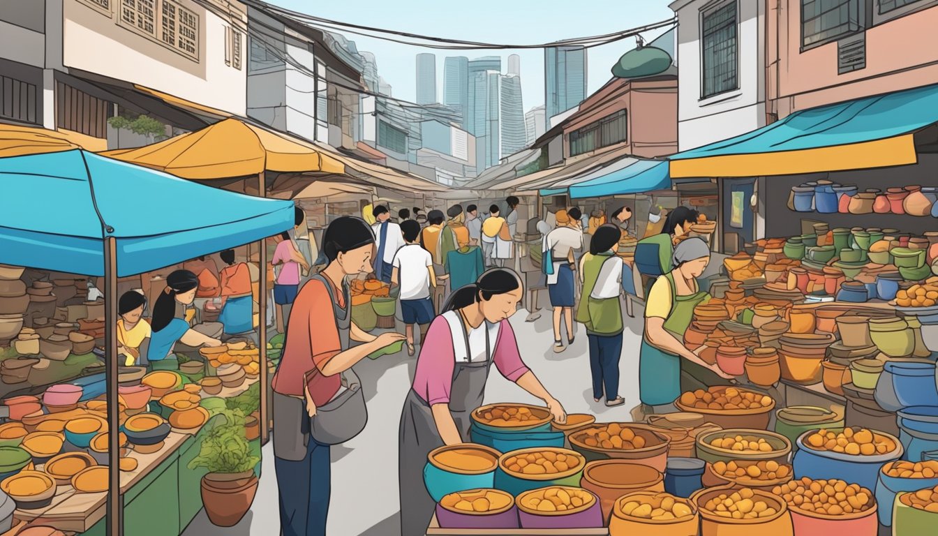 A bustling market stall in Singapore displays an array of colorful claypots, with vendors tending to eager customers